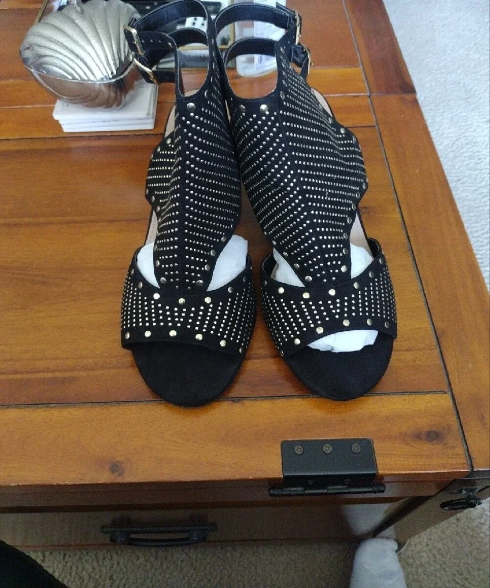 Black Studded Open-Toe Heeled Sandals - Women's 13w
